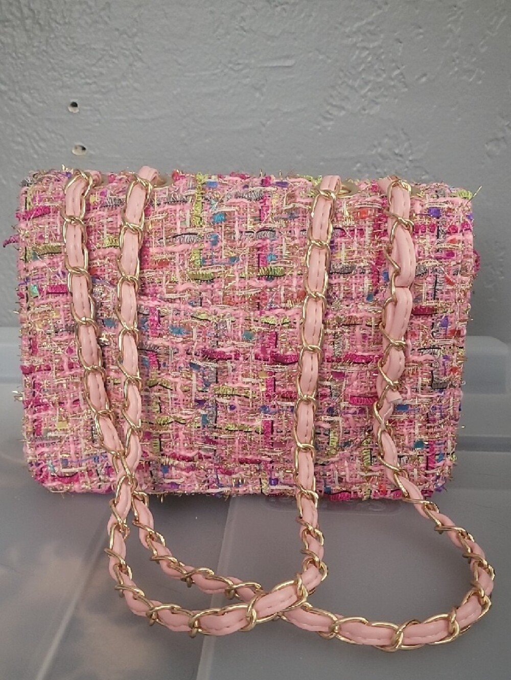 Pink Tweed Chain Shoulder Bag - Picture 2 of 4
